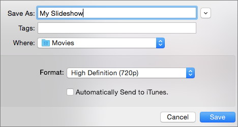 Figure 105: Choose the resolution of your slideshow movie from the Export dialog.