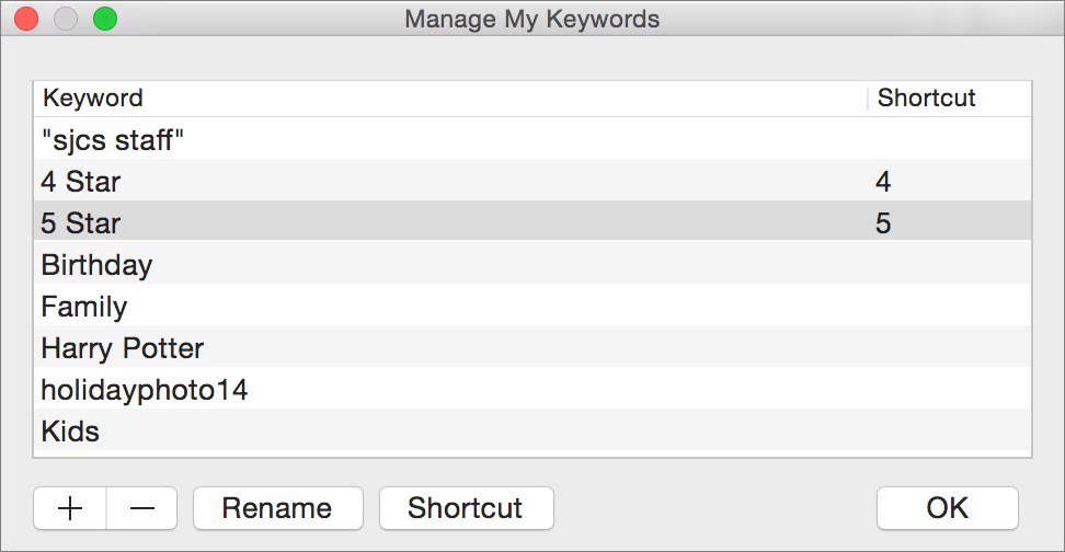 Figure 35: Click Edit Keywords to see the Manage My Keywords view, which lets you rename, delete, and add keywords, as well as define shortcuts.