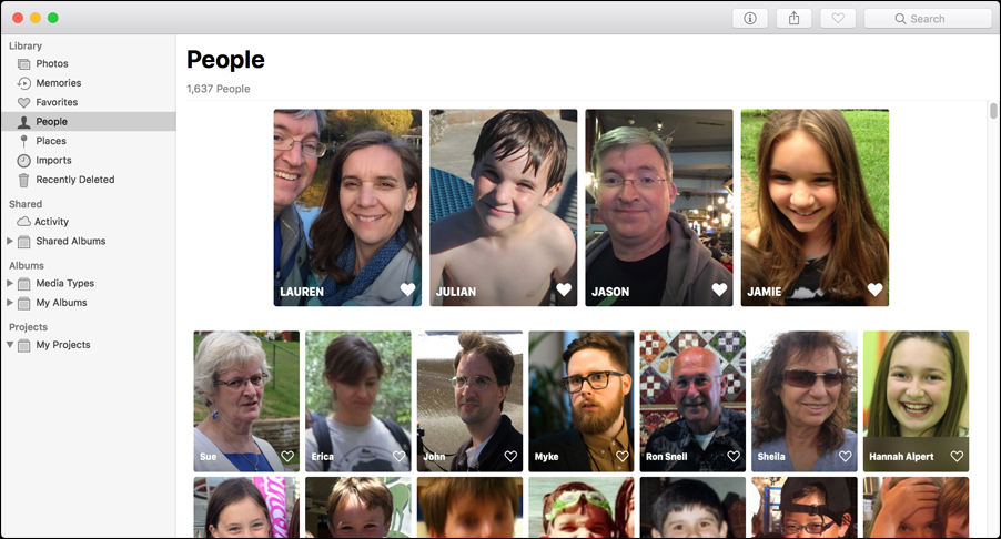 Figure 36: The People view is a catalog of familiar faces, and it’s where you teach Photos who is who.