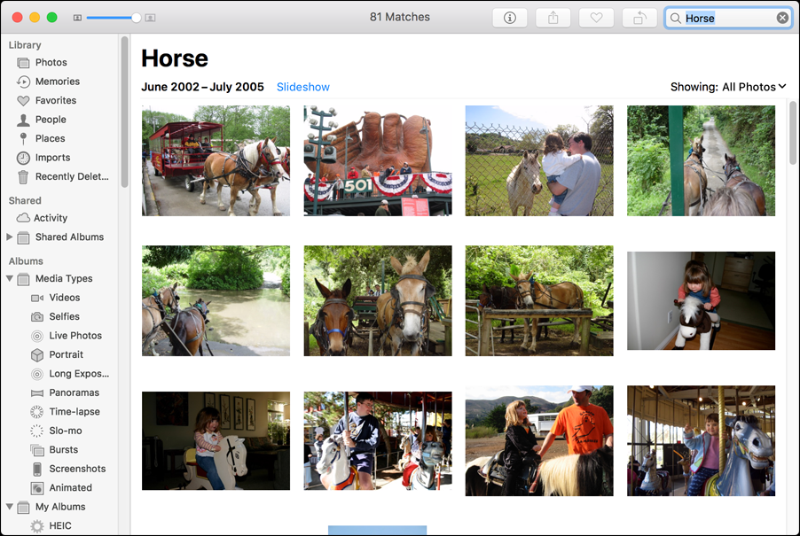 Figure 44: A search for horses found real horses, toy horses, statues—and a baseball glove.