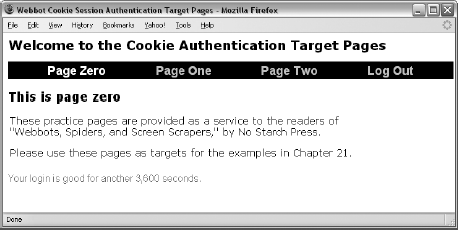 The example cookie session page from the book's website