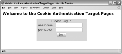 The login page for the cookie authentication example