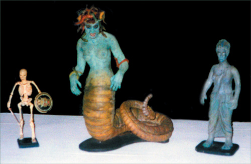 Some of Ray Harryhausen’s puppet creations. From left to right: Skeleton from Jason and the Argonauts, Medusa from Clash of the Titans, and the Bowhead Statue from The Golden Voyage of Sinbad.