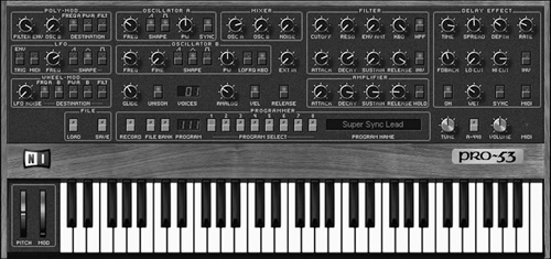 A software incarnation of the Prophet 5—in this case, the Pro-53 from Native Instruments (native-instruments.com).