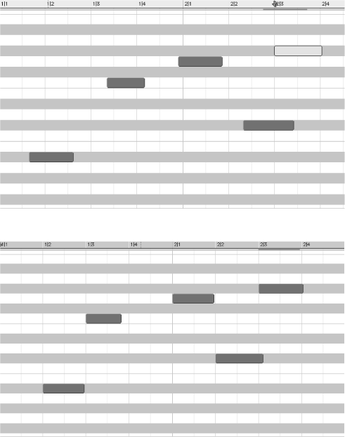 Moving MIDI events to match a timing grid is called quantizing. The MIDI notes at the top have not been quantized; the bottom shows the same notes after they have been quantized to the grid.
