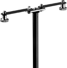 A stereo bar is used to conveniently mount and position a pair of microphones for stereo recording.