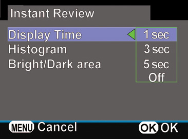 Specify the display time during instant review, as well as whether a histogram and bright/dark area “blinkies” are shown.