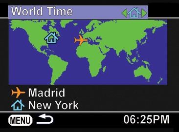 Change your display between your “home” and destination (“world”) time.