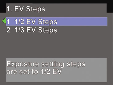 Choose 1/2 or 1/3 EV Steps.