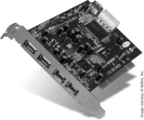 When there’s a need for expansion, PCI cards can provide added ports. This Belkin F5U508 card offers four more ports—two USB, two FireWire—for you to connect those muchneeded hardware components to your studio’s computer.