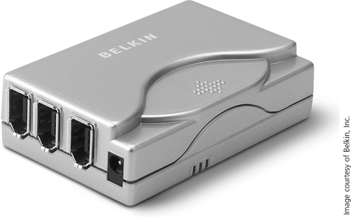 An external hub such as this Belkin FireWire hub serves as a simple, compact solution when you’re in need of extra ports.