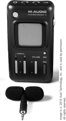 Double-headed stereo electret mics (such as the one at the forefront) are a great-sounding compact solution that perfectly complement high-quality mobile-recording devices such as this M-Audio MicroTrack II.