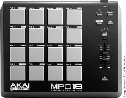 MIDI controllers such as this compact Akai MPD 18 feature touch-sensitive pads that are perfect for beat production as well as triggering.