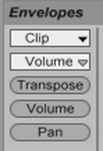 A clip can have many different envelopes including envelopes for clip properties (such as transposition) and device properties (such as the Auto Filter’s cutoff frequency). Use the choosers and the three Live mixer control shortcut buttons to locate the parameter for which you want to create an envelope.