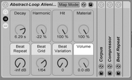 If you thought the devices presented in the previous section look fun, get a load of this! This audio-effects rack preset combines Corpus, Compressor, and Beat Repeat. It also provides you with a simplified set of eight knobs called macros for tweaking the sound.