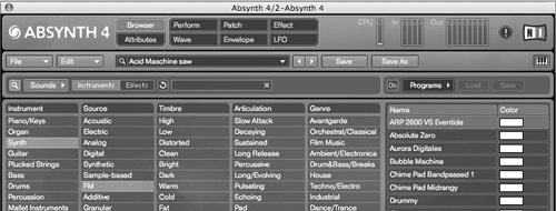 Some of the deeper plug-ins—namely, virtual synths—come equipped with a vast array of presets for you to dig into. For example, the Native Instruments Absynth features a searchable browser to help you more easily navigate the mound of sounds that await your perusal.