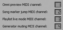 The MIDI control channel settings.