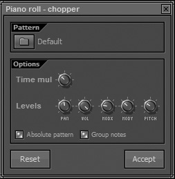 The Chopper can have presets loaded from the icon or manually set using the knobs. Absolute Pattern means that the notes will be cut on the grid, but when turned off, it will cause notes to chop based on their own starting points.