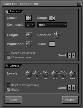LFO windowRandomize optionRandomize can contain a certain note scale and range, but it goes beyond that by allowing you to increase the number of notes in a section as well as randomize automation parameters, such as volume and panning.