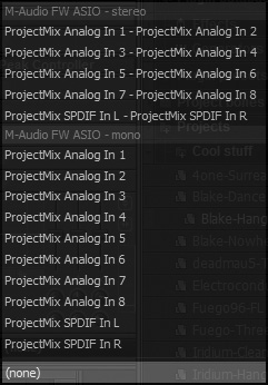 The input list for an M-Audio project mix.