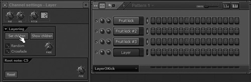 Setting three slightly differing kicks as children for a Layer Channel.