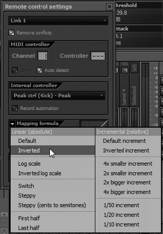 Select Inverted to cause the threshold to lower the bass volume when the kick drum triggers the compression.