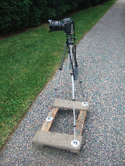 This mover’s dolly has a tripod on top, ready for a rolling motion video shot. Copyright © Steve Weinrebe