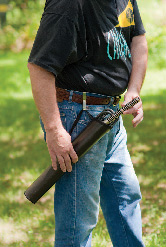 The Trophy Ridge Mohican Hip Arrow Holster holding a shotgun microphone at the photographer’s side, ready to pull out and use for directional sound recording. Copyright © Steve Weinrebe