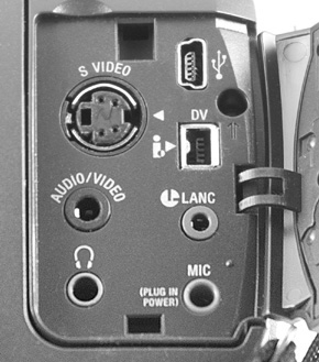 Typical camcorder connections should include audio I/O, FireWire, USB, mic jack, and earphone jack.