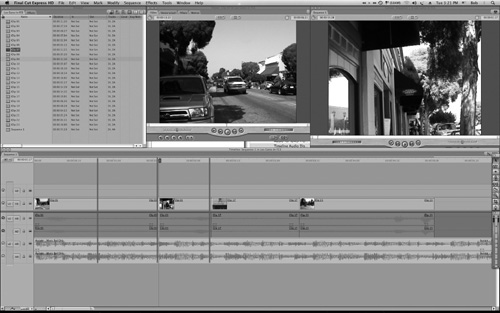 The vertical lines in this Final Cut example indicate which places in the audio’s waveform are likely possibilities for making a visual edit.