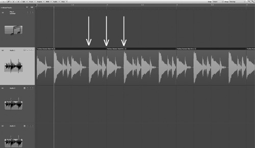 This is an audio waveform—closer up—showing places where you might cut to the beat.