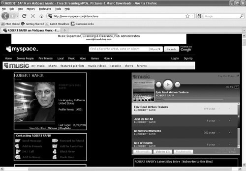 This is my MySpace page showing the music player on the right.