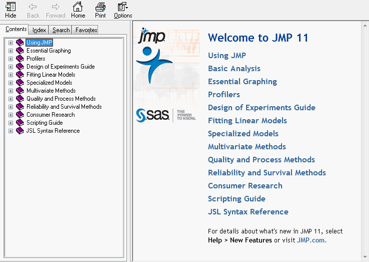 The JMP Help Home Window on Windows