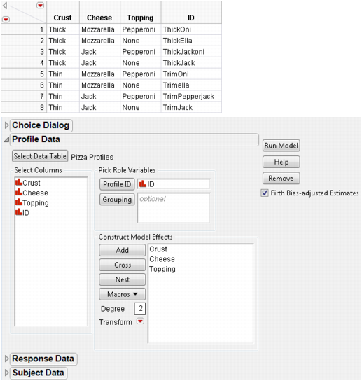 Example of Profile Data Table and Dialog Window