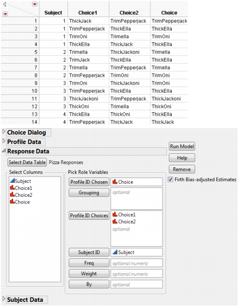 Example of Response Data Table and Launch Window