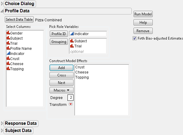 Choice Dialog Box for Pizza Data One-Table Analysis