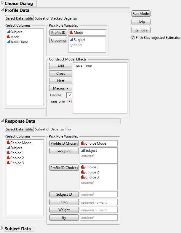 Choice Dialog Box for Subset of Daganzo Data