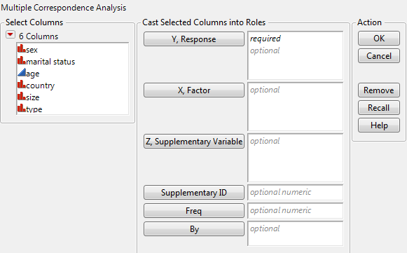 Multiple Correspondence Analysis Launch Window