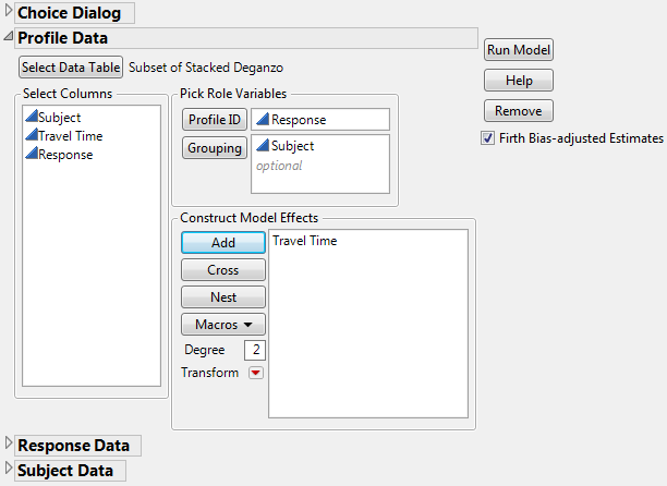 Choice Dialog Box for Subset of Stacked Daganzo Data for One-Table Analysis