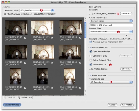 Adobe Bridge CS5 Photo Downloader showing the extended dialog options