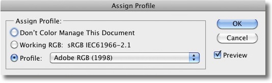 The Assign Profile dialog – not to be confused with the Convert to Profile dialog!