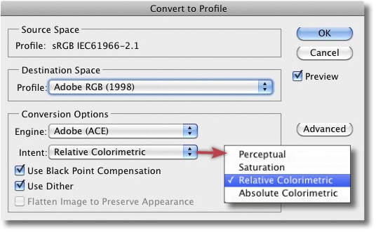 The Convert to Profile dialog. The Intent and various other options must be set when colors are converted for use in a new color space.