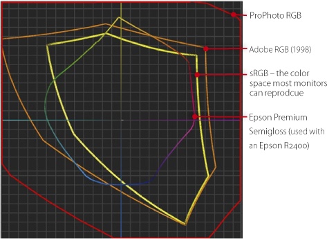 Most monitors can display neither the complete camera nor the complete printer color space. Color space displayed as a 2D L*a*b* diagram.