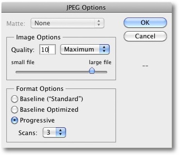 Photoshop JPEG options when saving a JPEG file. In section A you choose your compression (image quality).