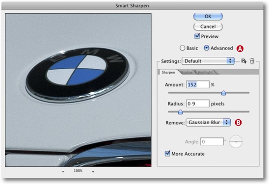 The Smart Sharpen filter, available since Photoshop CS2