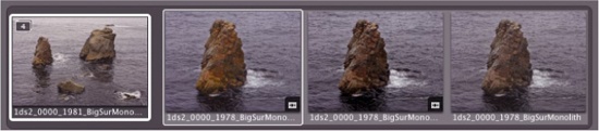 An open stack. When a stack is closed, only the leftmost image is displayed. This thumbnail also contains a button indicating the number of images in the stack.