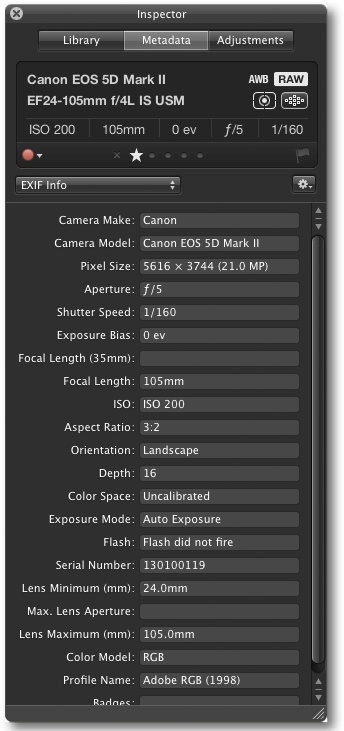 Metadata Inspector showing image EXIF data