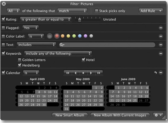 Filter dialog in Aperture 2.1. You can add new criteria by clicking the + icon.