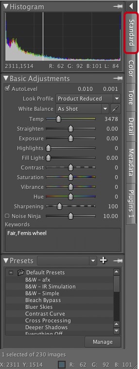 Bibble 5 Basic Adjustments panel