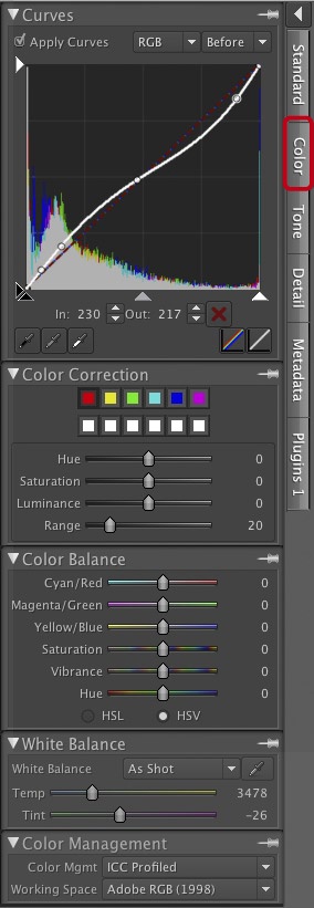 Settings in the Color tab